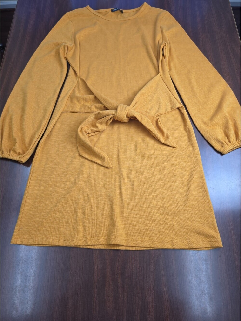 PrettyGarden Medium Mustard Yellow Waffle Knit Long Sleeve Tie Waist Dress Tunic